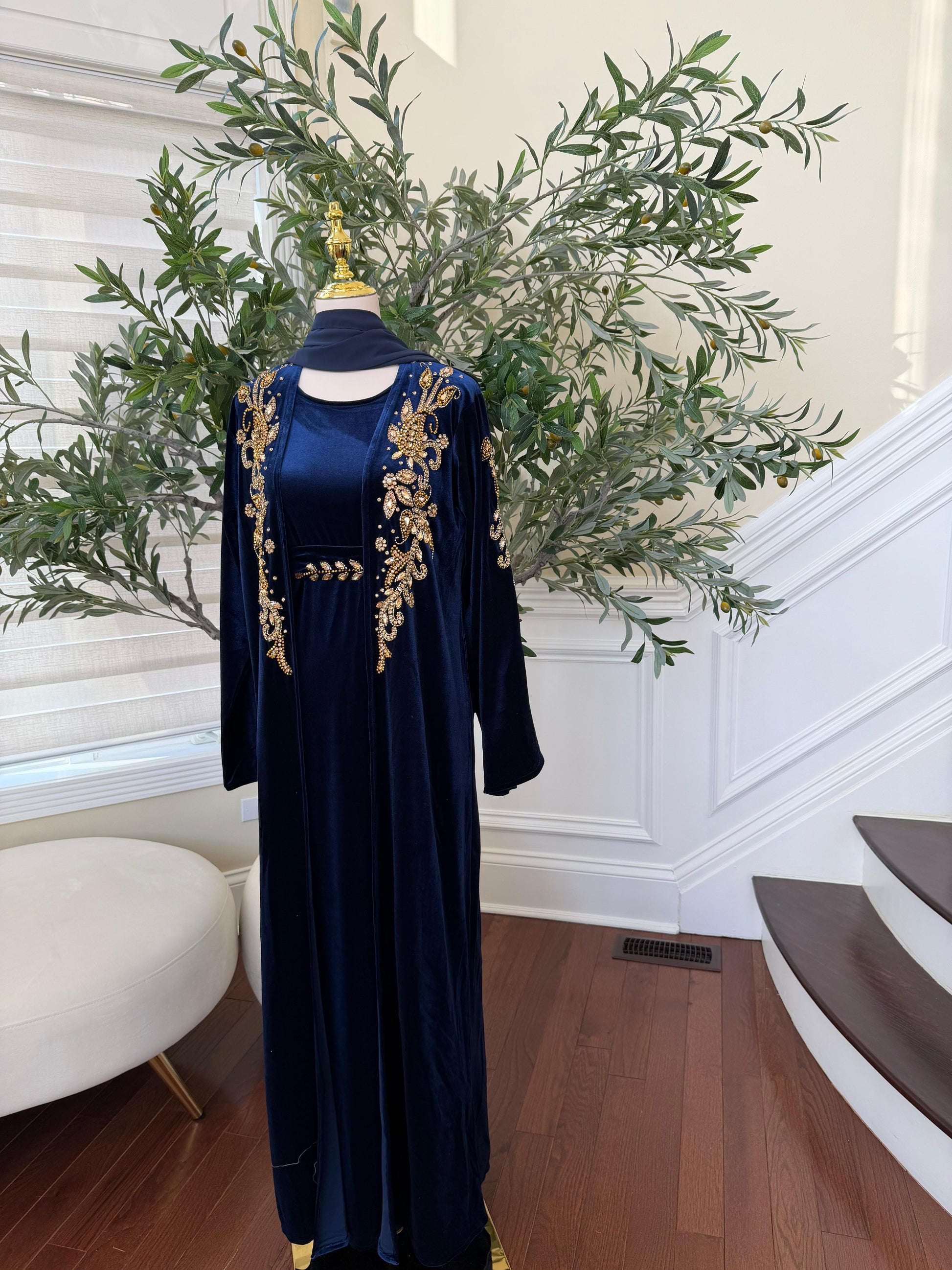 Navy Blue Golden Two Piece Charm Abaya