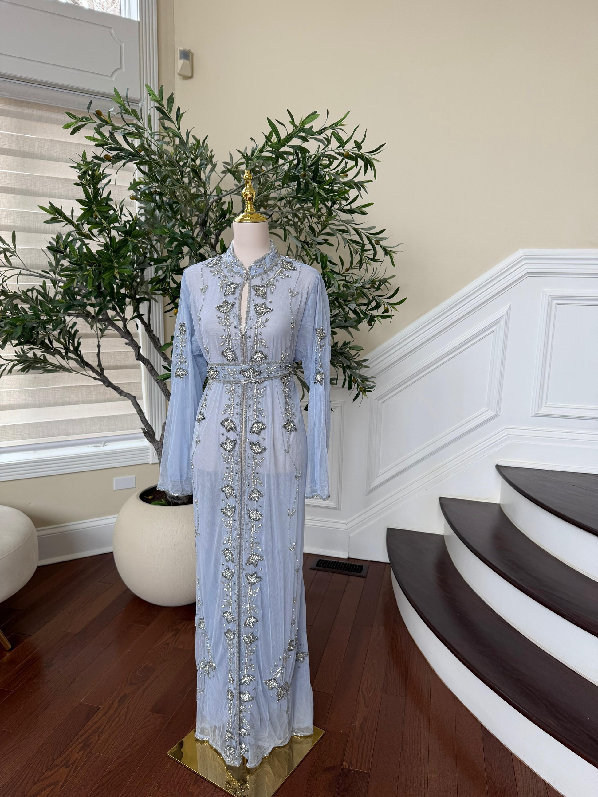 Baby Blue Cardigan Silver Abaya