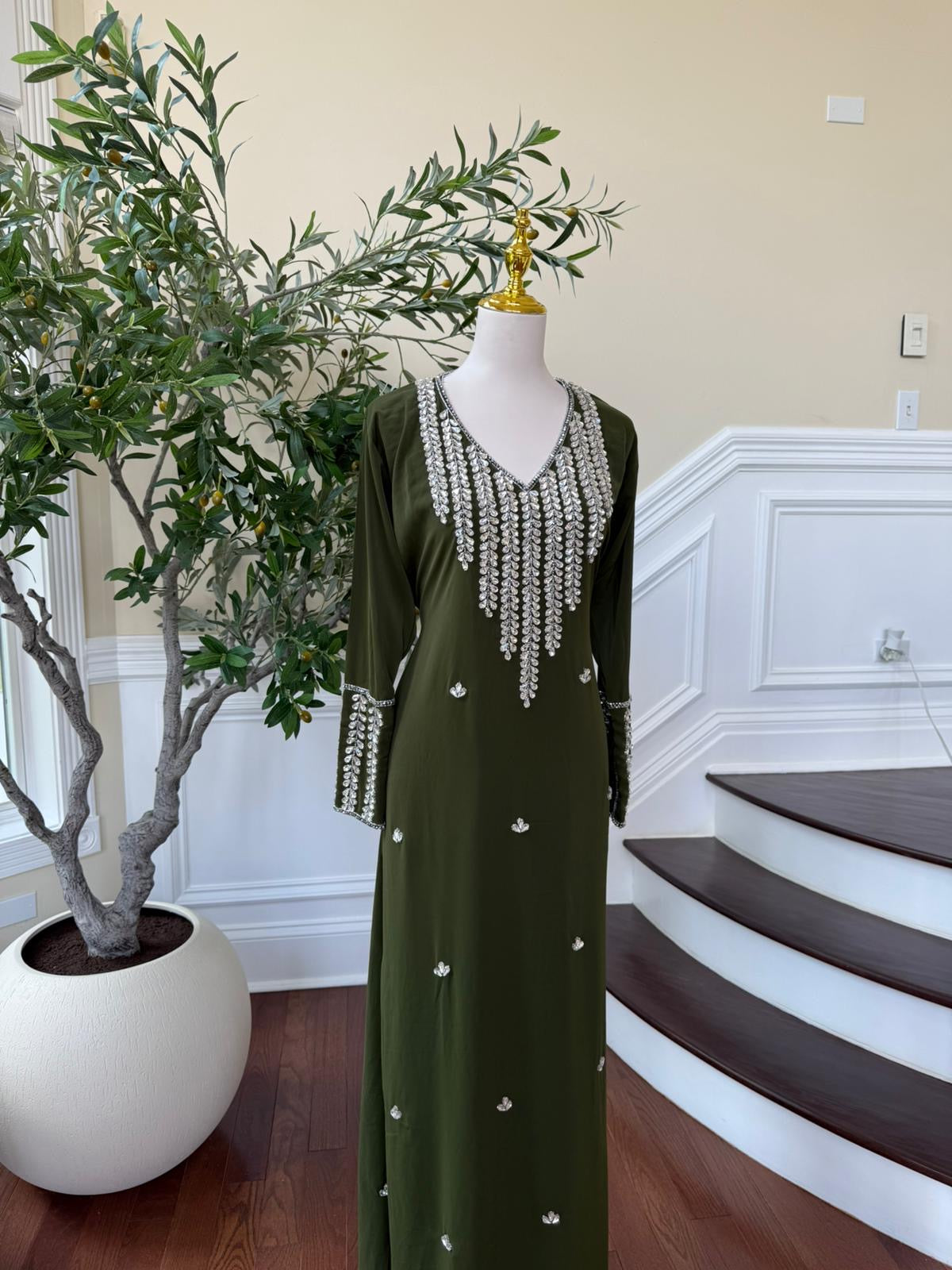 Olive Forest Bloom – Modest Kaftan with Hand-Embellished Neck & Sleeves