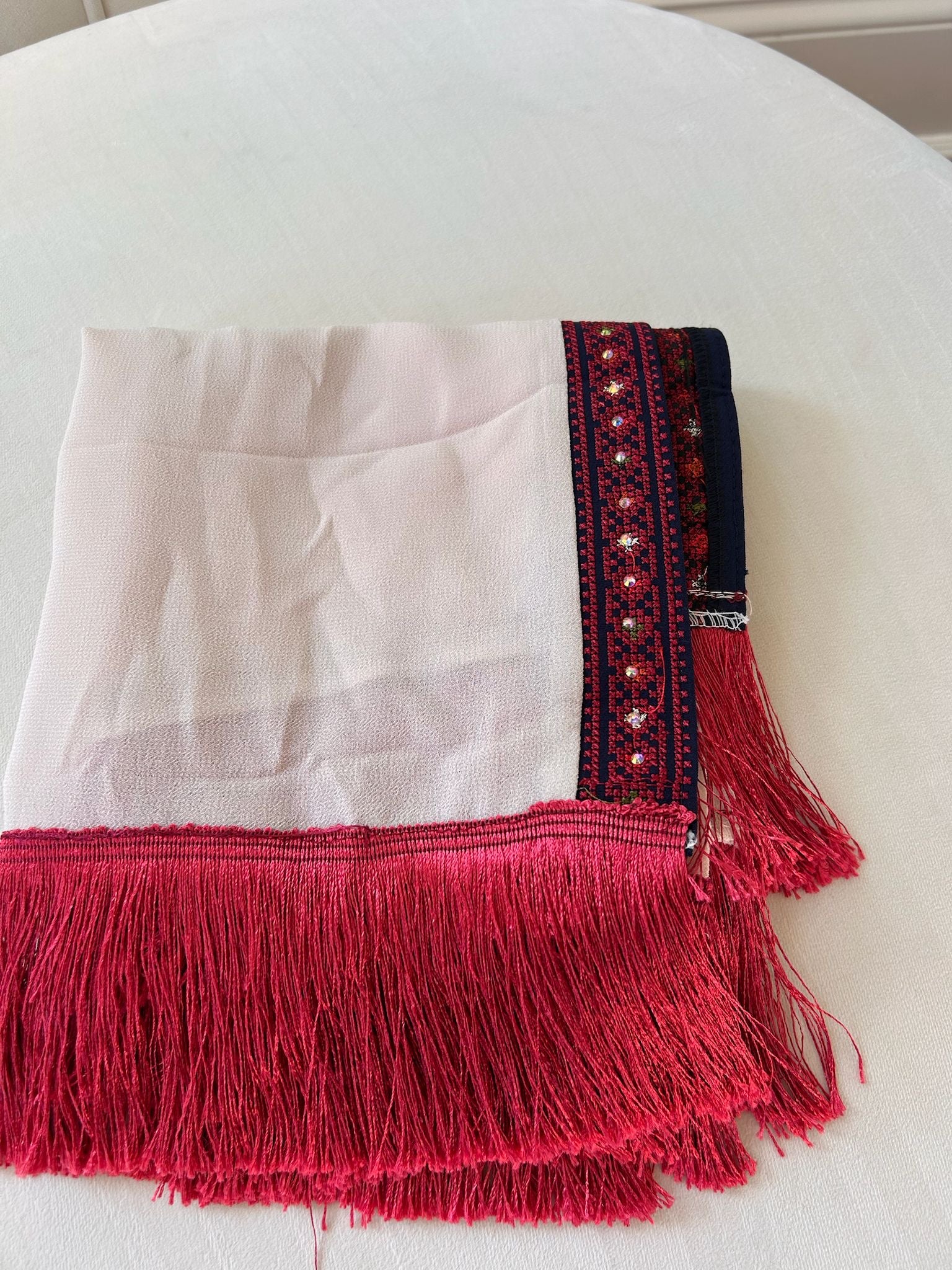 Cream/ Blue Tatreez Red Khirka Shal Mandil