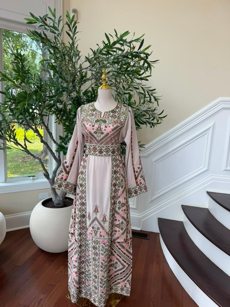 Cream Embroidery Green Tatreez Thobe