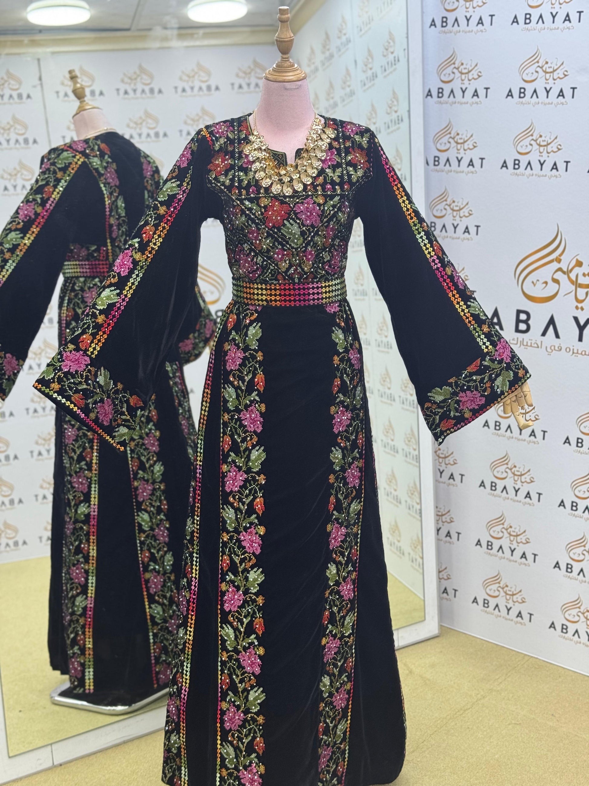 Luxury Black Velvet Thobe – Multicolor Floral Tatreez Design