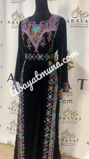 Black Kaftan Thobe in Stone With Belt 9198822