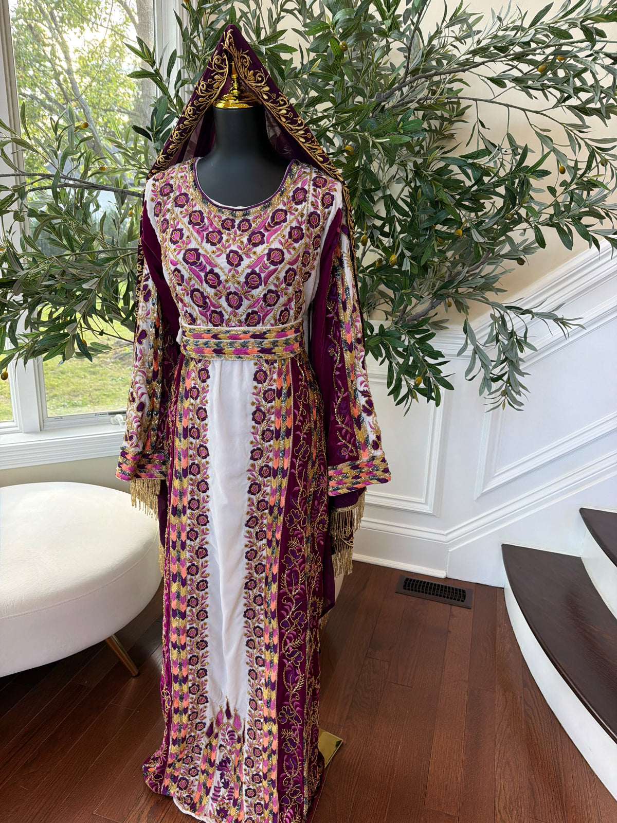 Elegant Purple and Cream Thobe with Intricate Floral Embroidery and Gold Accents (scarf not included)