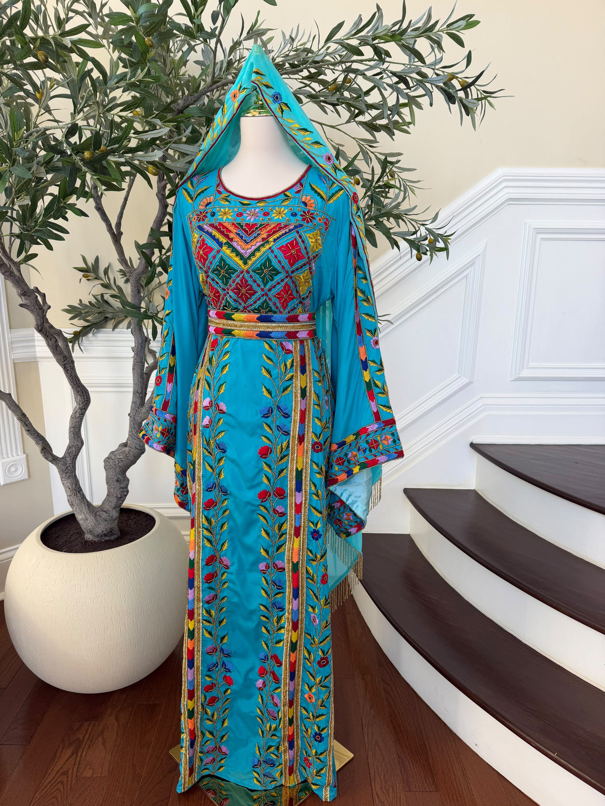 Turquoise Floral Embroidered Palestinian Thobe – Scarf Not Included