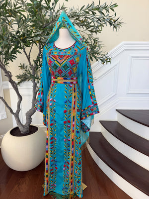 Turquoise Floral Embroidered Palestinian Thobe – Scarf Not Included