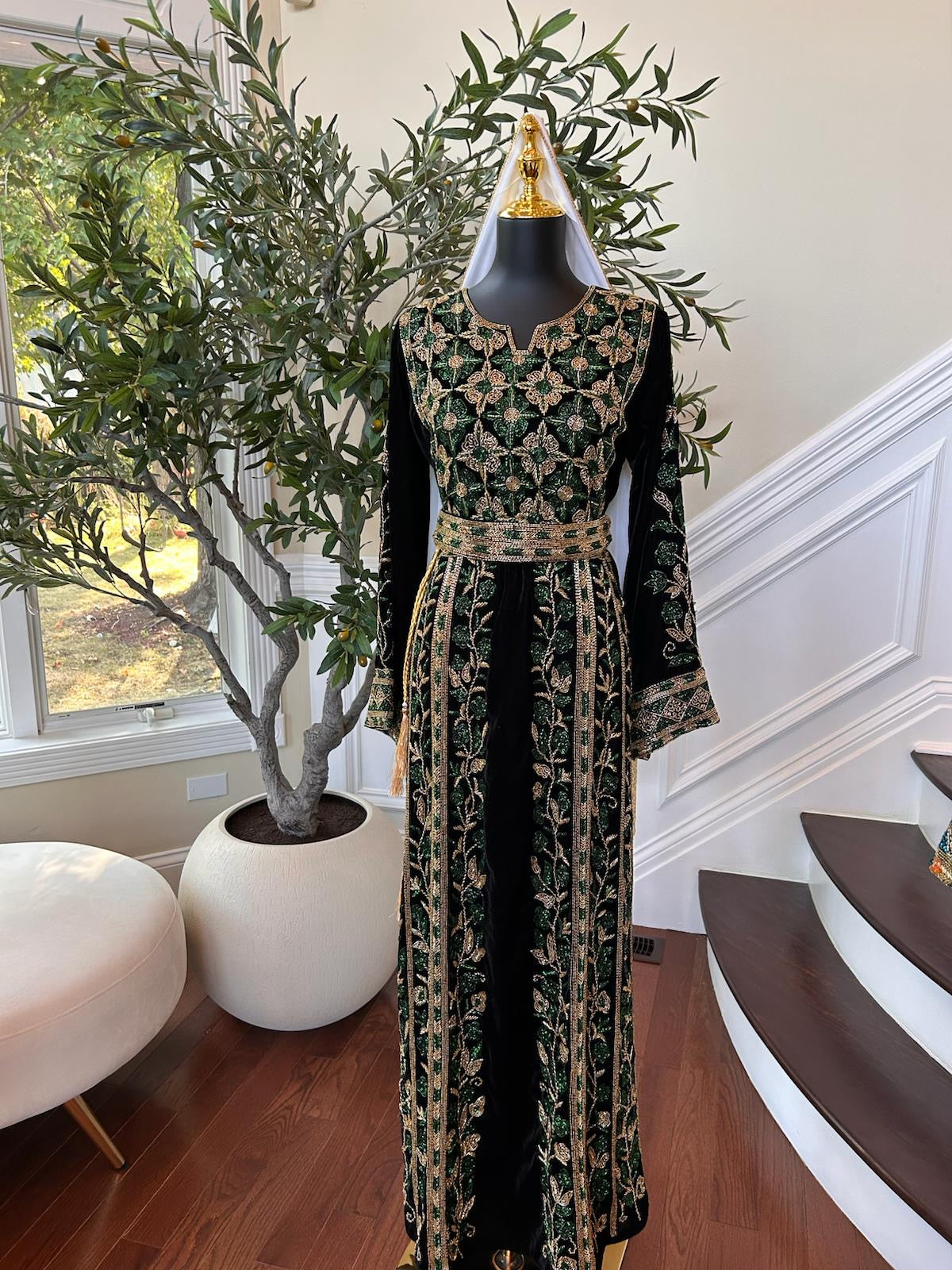Black Velvet Golden Green Stone Thobe