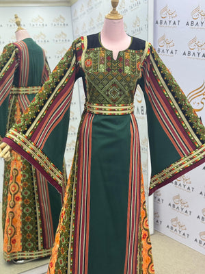 Palestinian Thobe – Green on black with Multicolor Embroidery & Stripes A09092025
