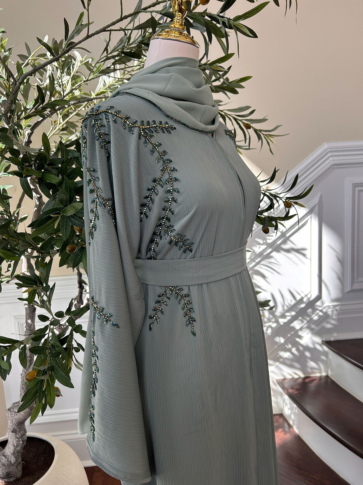 Mint Green Floral Charm Abaya