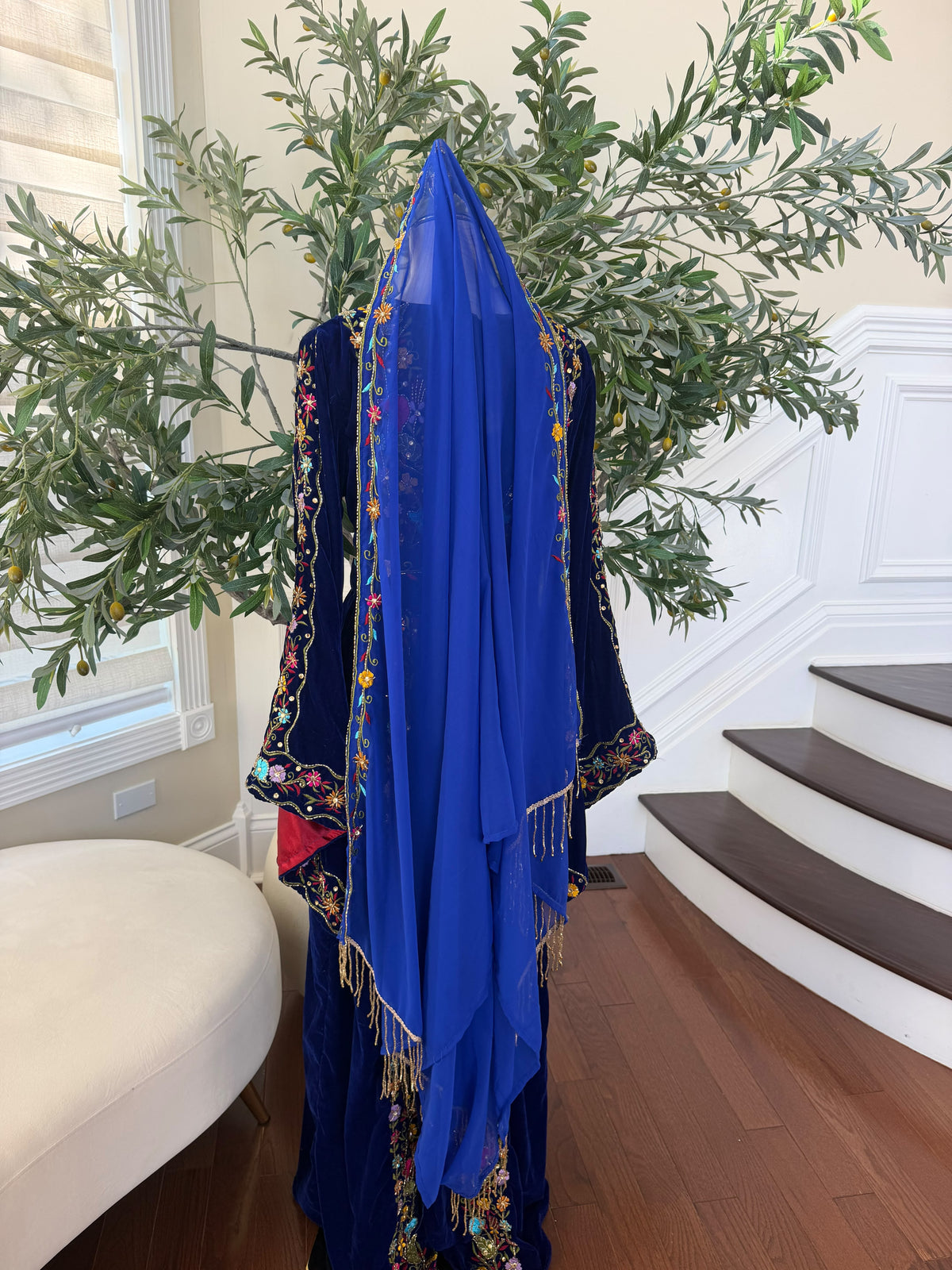 Royal Blue Sheer Shawl with Colorful Floral Embroidery and Gold Fringe