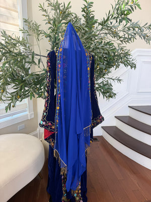 Royal Blue Sheer Shawl with Colorful Floral Embroidery and Gold Fringe