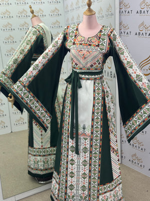 Emerald Green Palestinian Thobe – Mixed Fabric with Traditional Tatreez