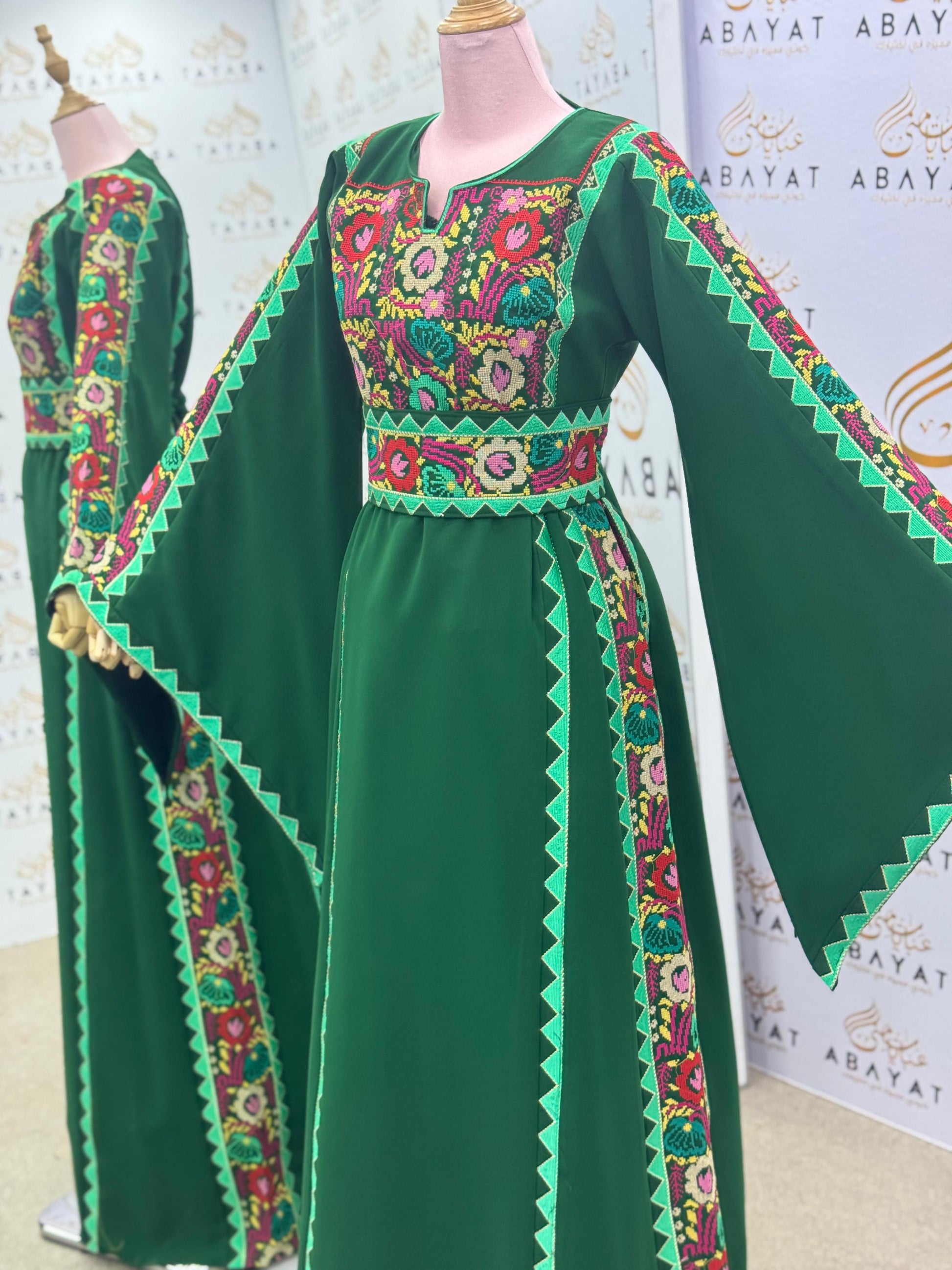 Deep Green Palestinian Thobe – Embroidered Tatreez Maxi Dress