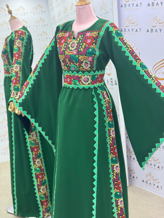 Deep Green Palestinian Thobe – Embroidered Tatreez Maxi Dress