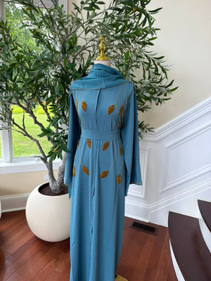 Golden Sky Blue Beaded Abaya