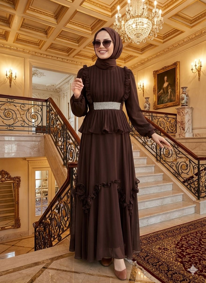 Brown Ruffled Elegance Maxi Dress