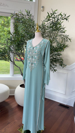 Delicate Light Teal Kaftan with Silver Beading