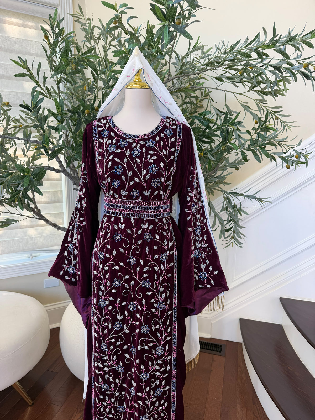 Elegant Burgundy Velvet Thobe with Blue and Silver Floral Embroidery (scarf not included)