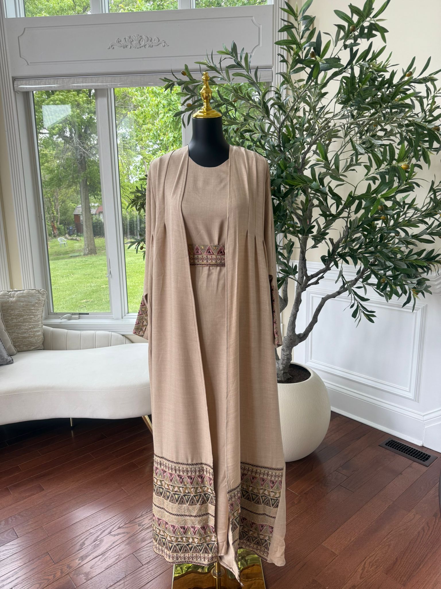 Elegant Tan Tatreez Cardigan Abaya