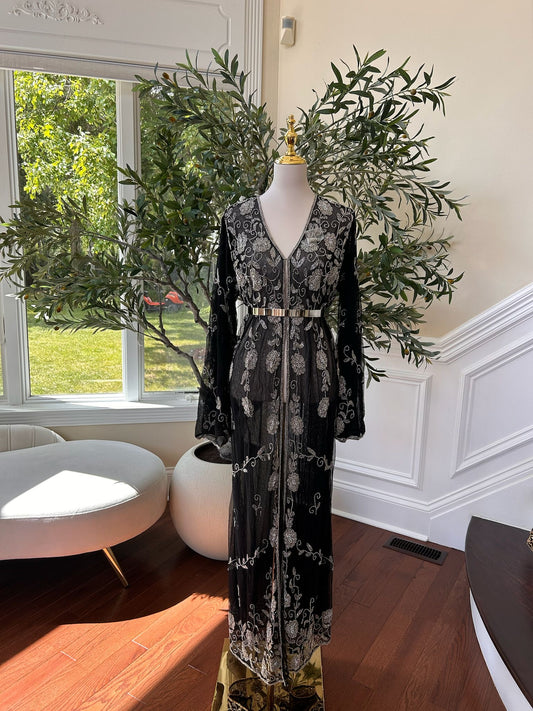 Black Silver Floral Beaded Stone Cardigan Abaya