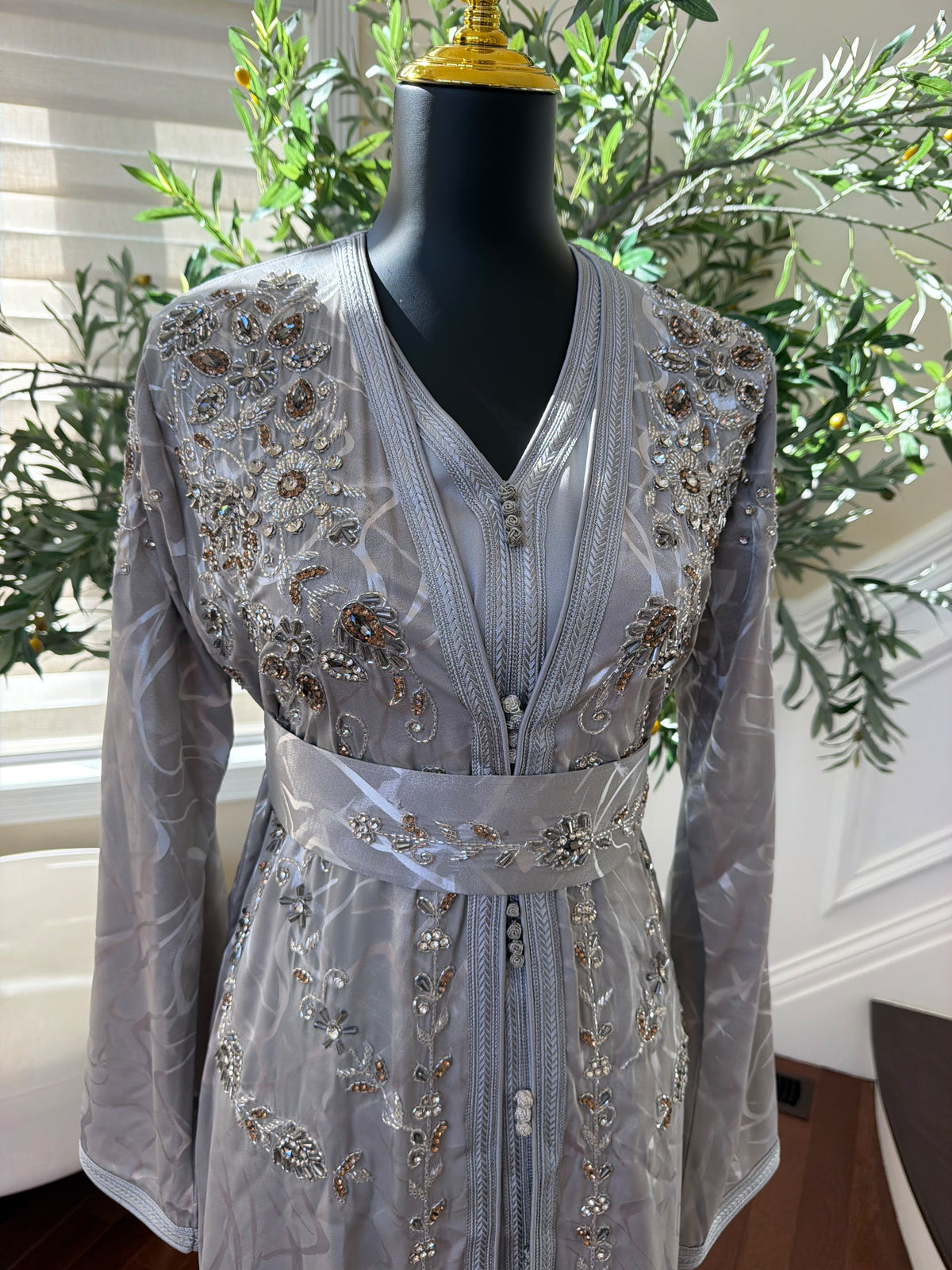 Elegant Silver Gray Embroidered Moroccan Kaftan