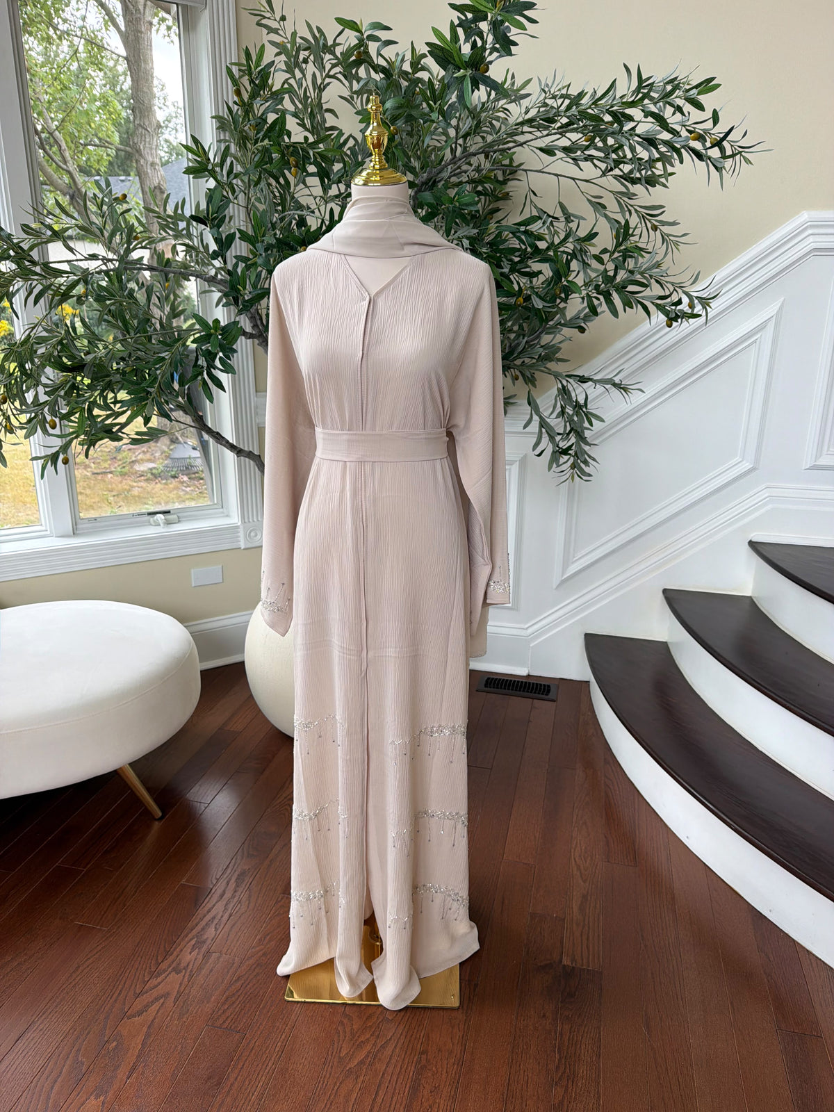 Cream Elegance Beaded Charm Abaya