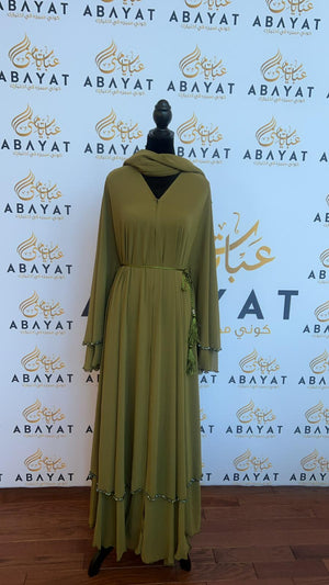 Green Open Ruffled Stone Abaya