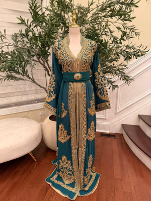 Deep Teal Kaftan Featuring Intricate Gold Detailing