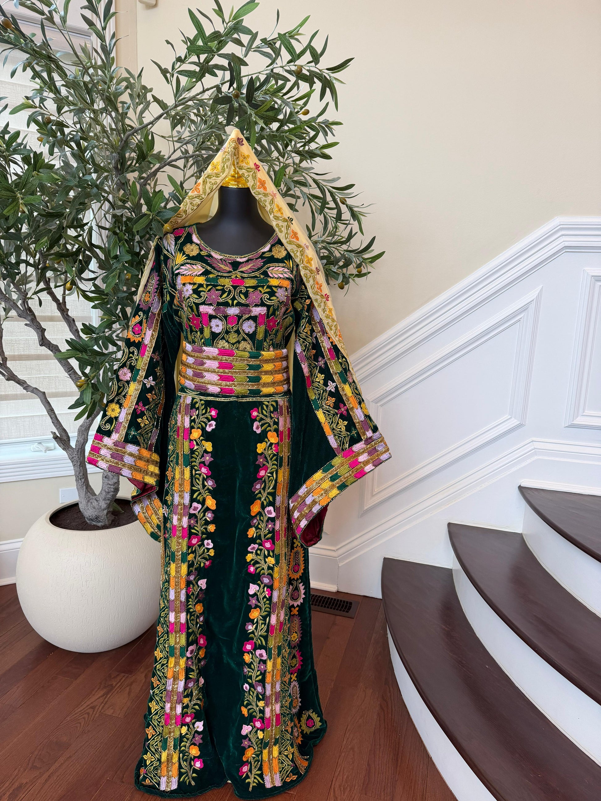 Green Velvet Beaded Stone Thobe