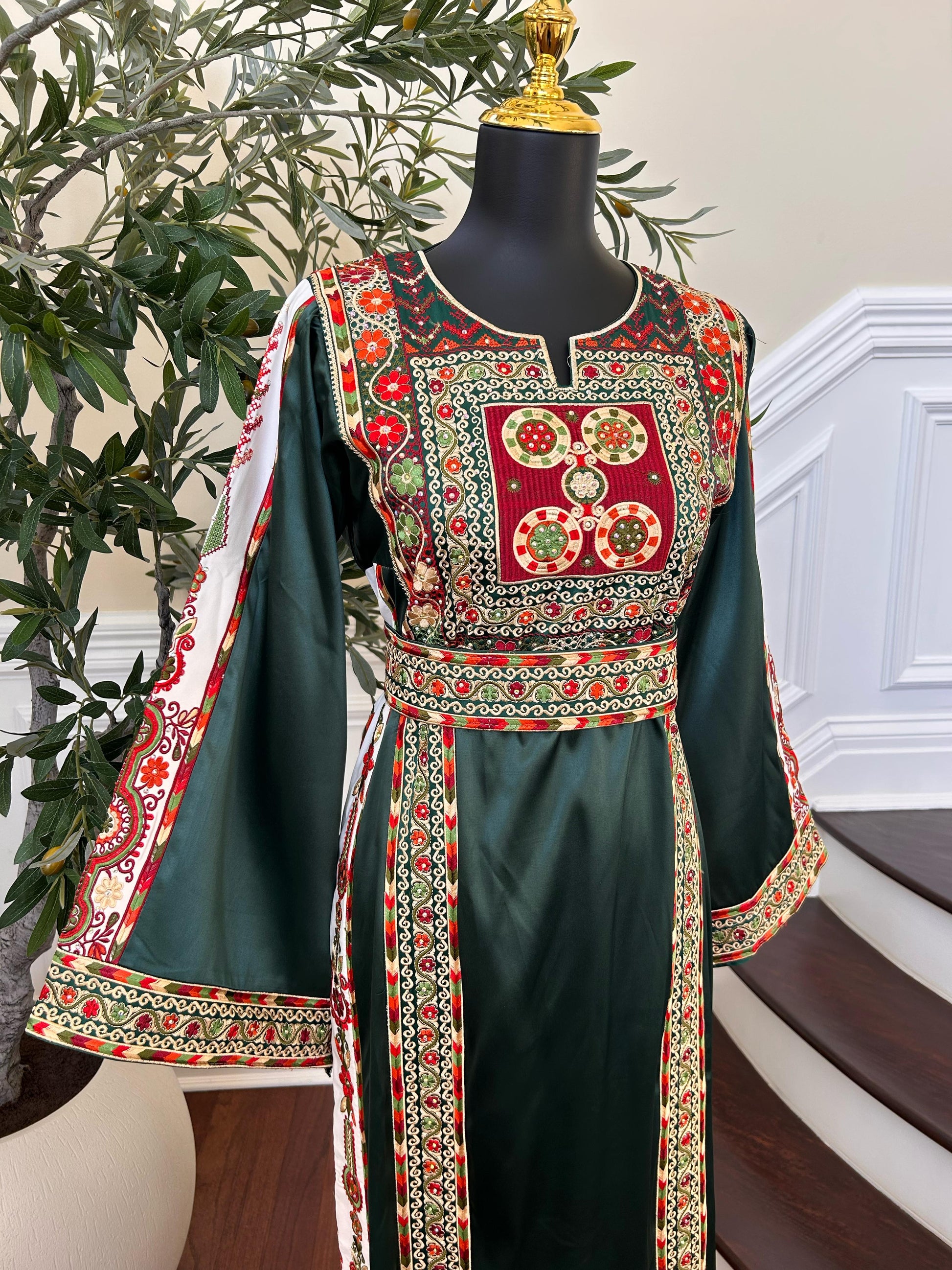 Green Satin Tatreez Embroidered Thobe