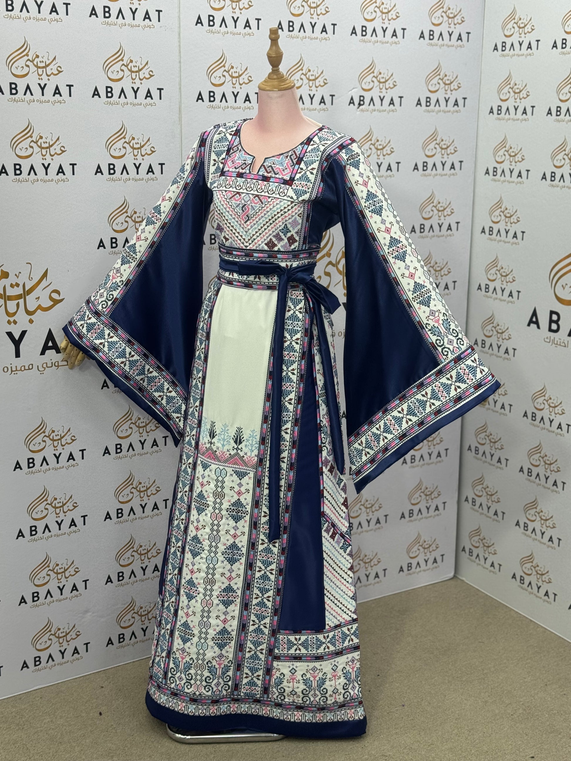 Navy & Ivory Palestinian Thobe – Mixed Fabric with Traditional Tatreez