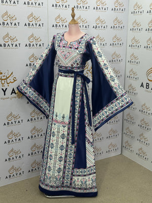 Navy & Ivory Palestinian Thobe – Mixed Fabric with Traditional Tatreez