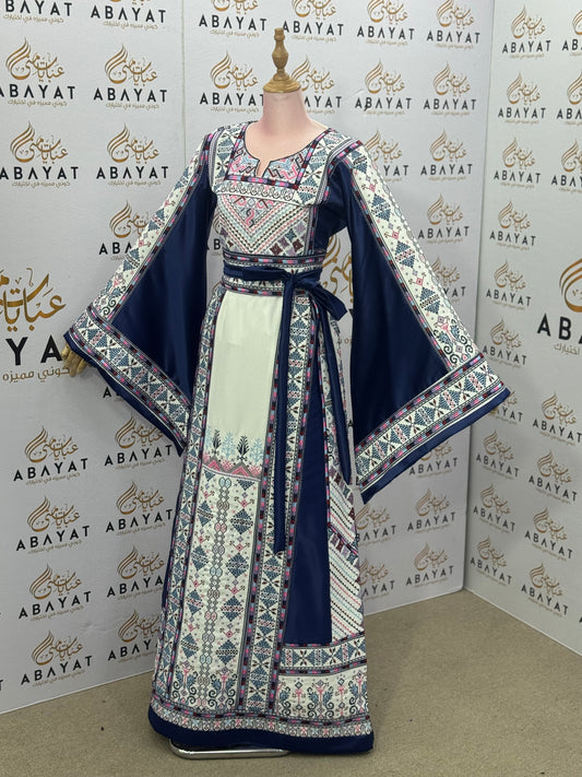 Navy & Ivory Palestinian Thobe – Mixed Fabric with Traditional Tatreez