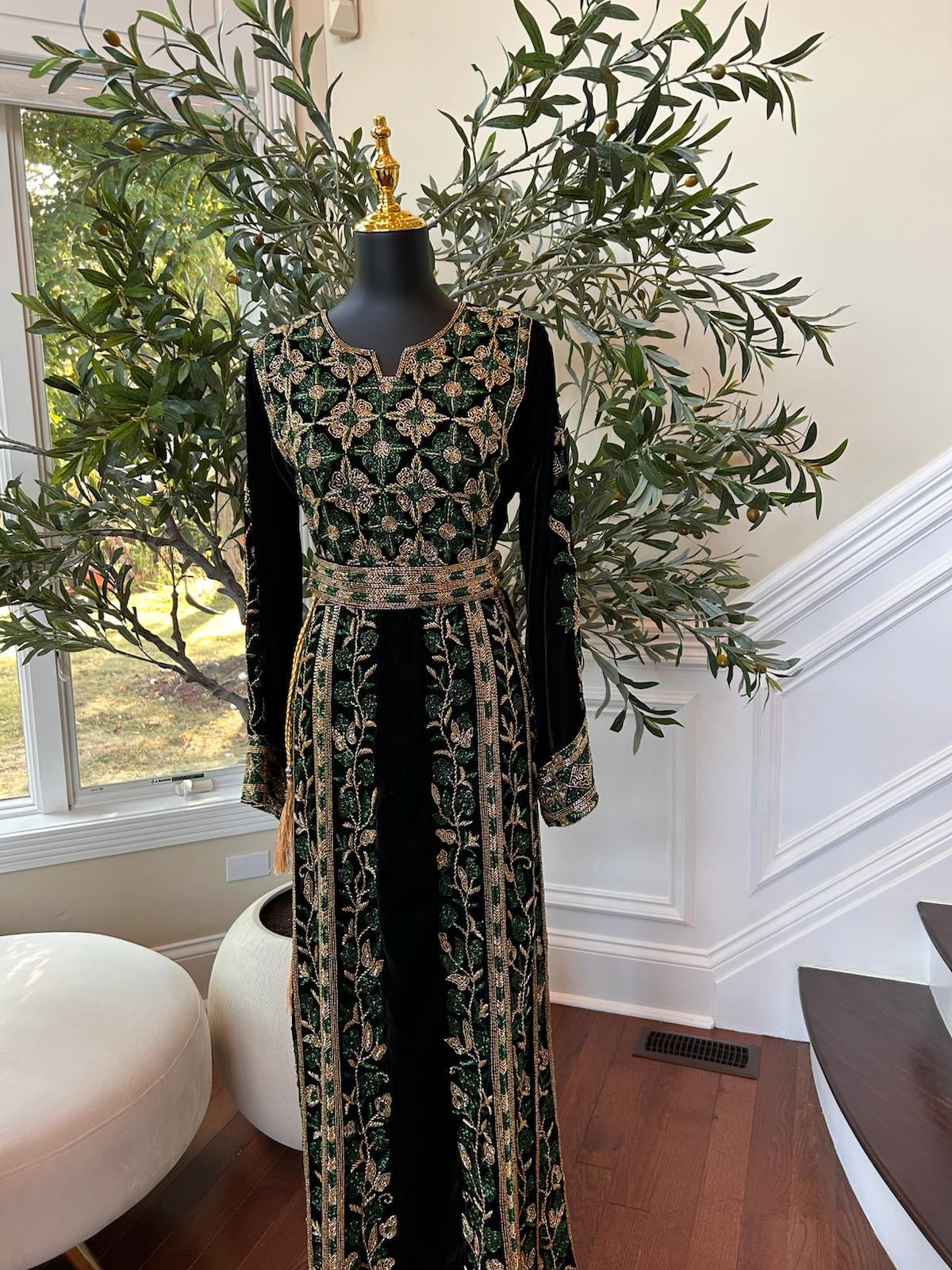 Black Velvet Golden Green Stone Thobe