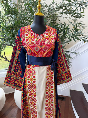 Cream Embroidery Tatreez Blue Sabal Kharaz Thobe