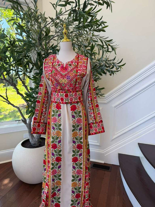 Beige Embroidery Embellished Tatreez Floral Sabal Kharaz Thobe