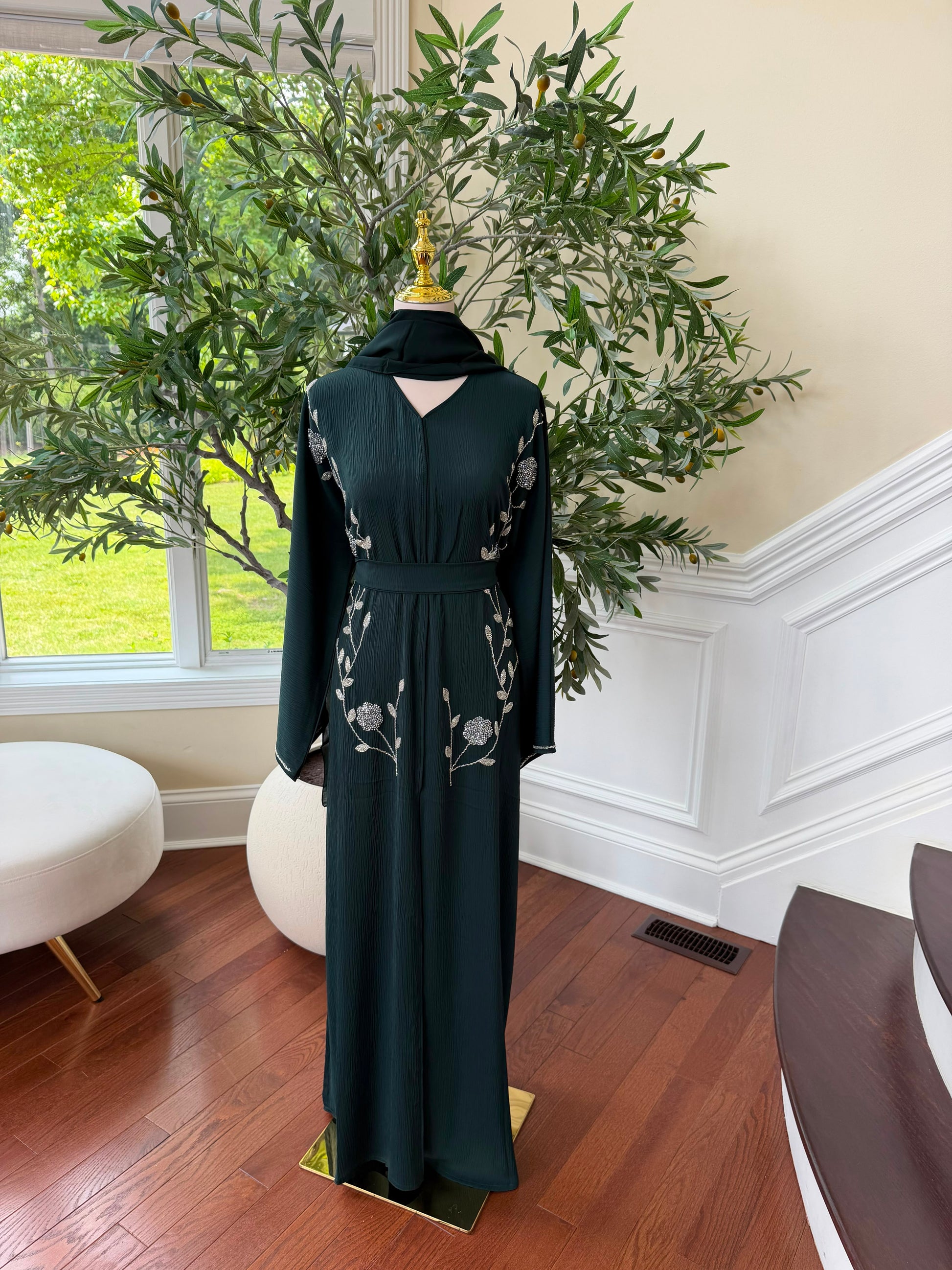 Emerald Green Rose Beaded Abaya