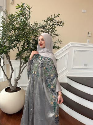 Elegant Grey Beaded Abaya Dress