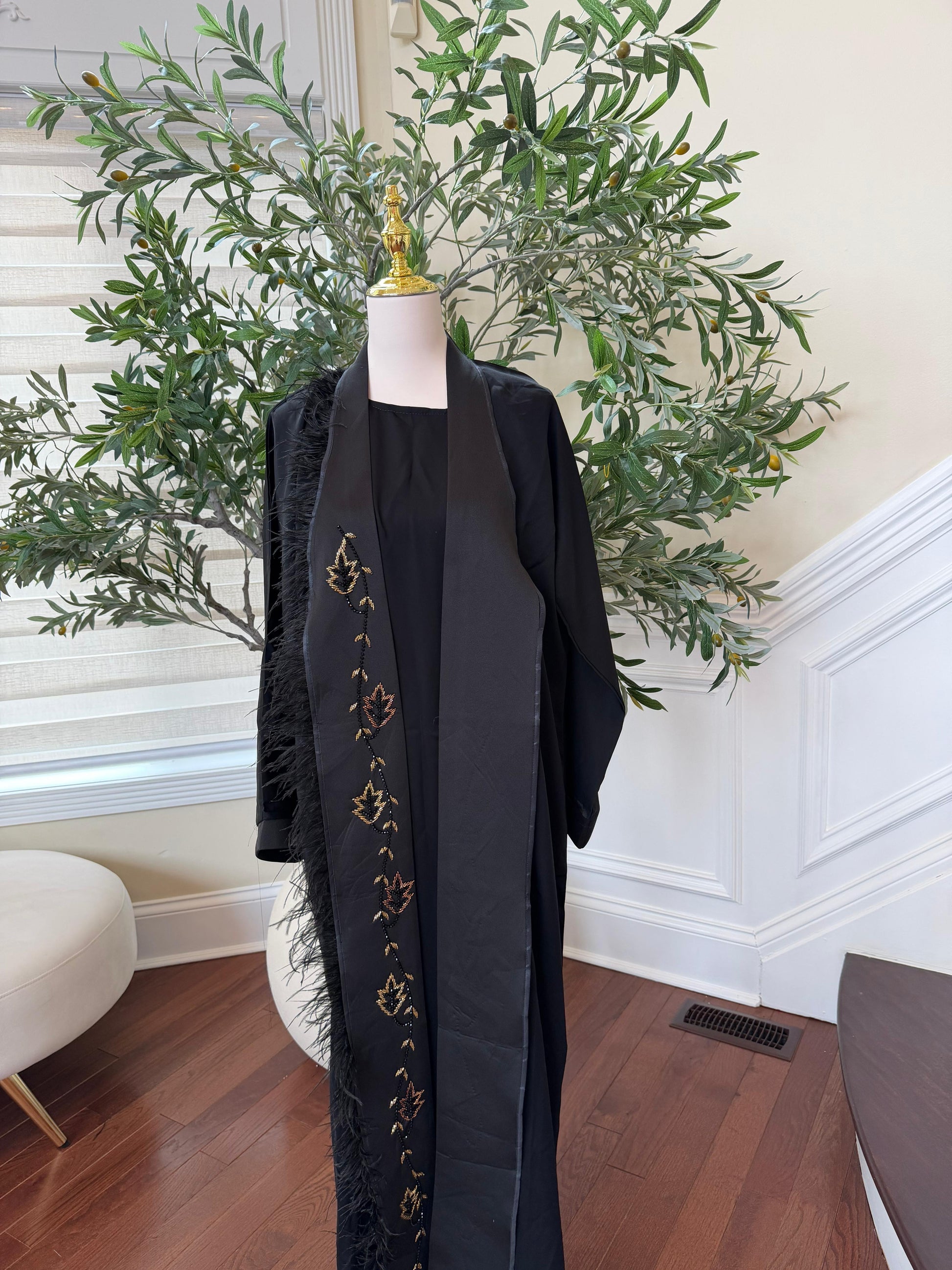 Golden Black Crystal Beaded Abaya