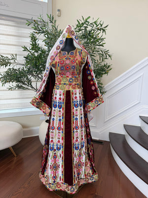 Velvet Maroon and White Traditional Tatreez Sabal Kharaz Detail Thobe