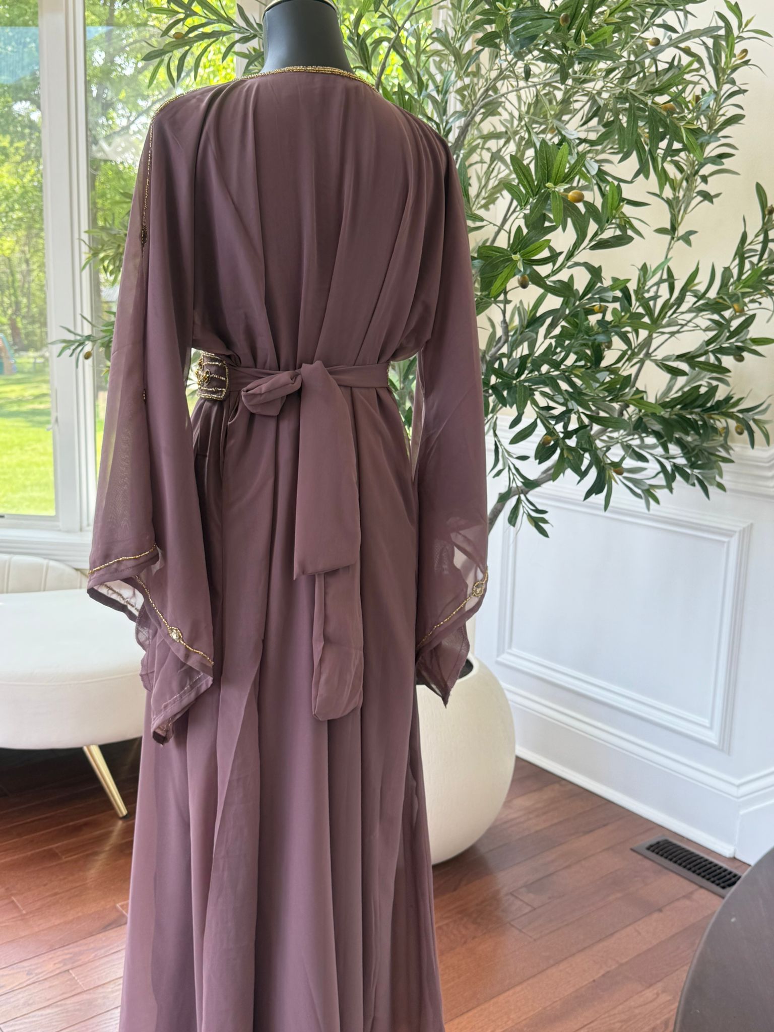 Elegant Mauve Beaded Kuftan Maxi Dress