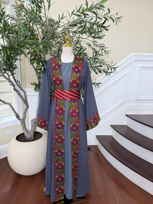 Grey Embroidery Floral Tatreez Thobe