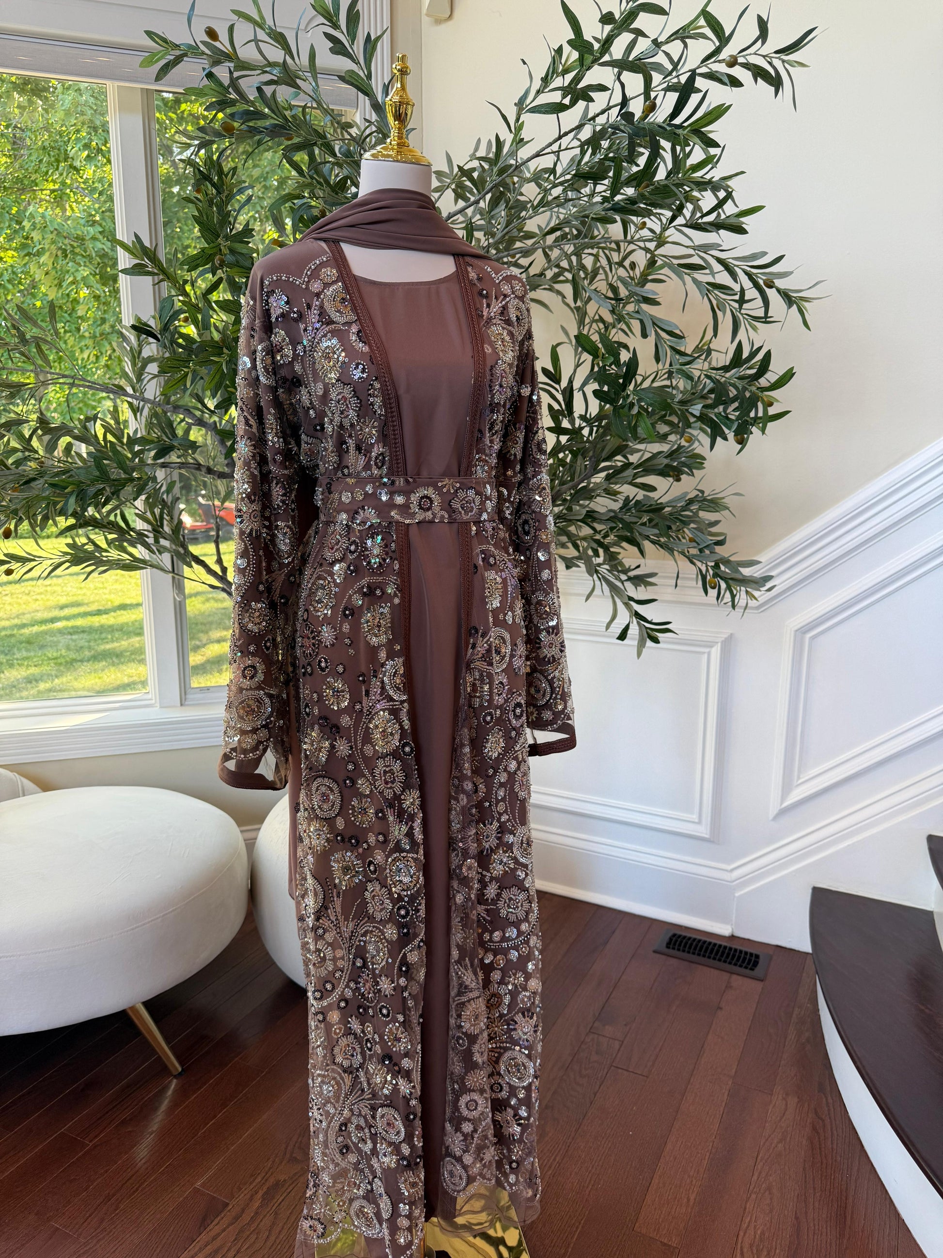 Mocha Crystal Sequin Abaya