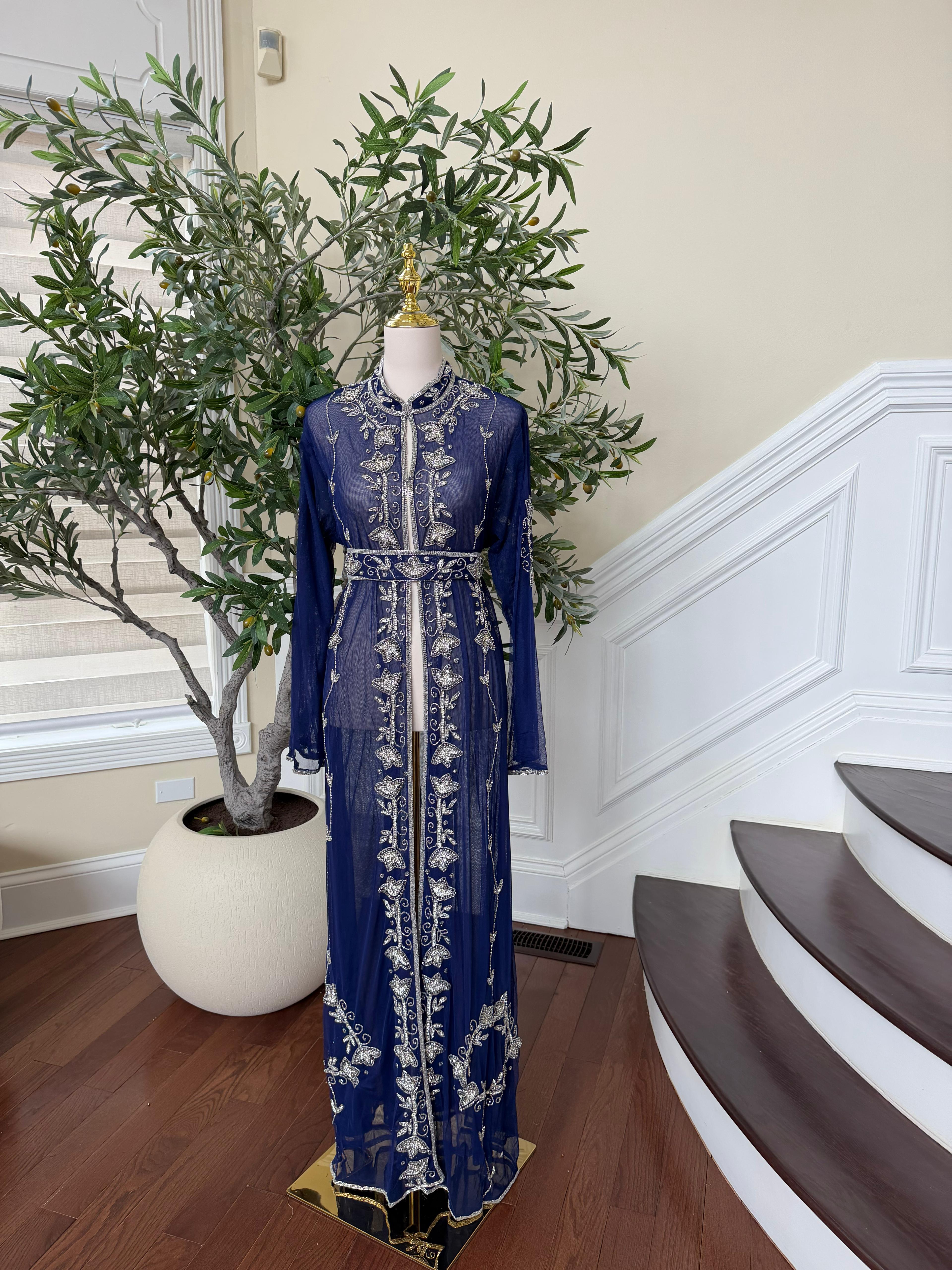 Navy Blue Silver Stone Cardigan Abaya