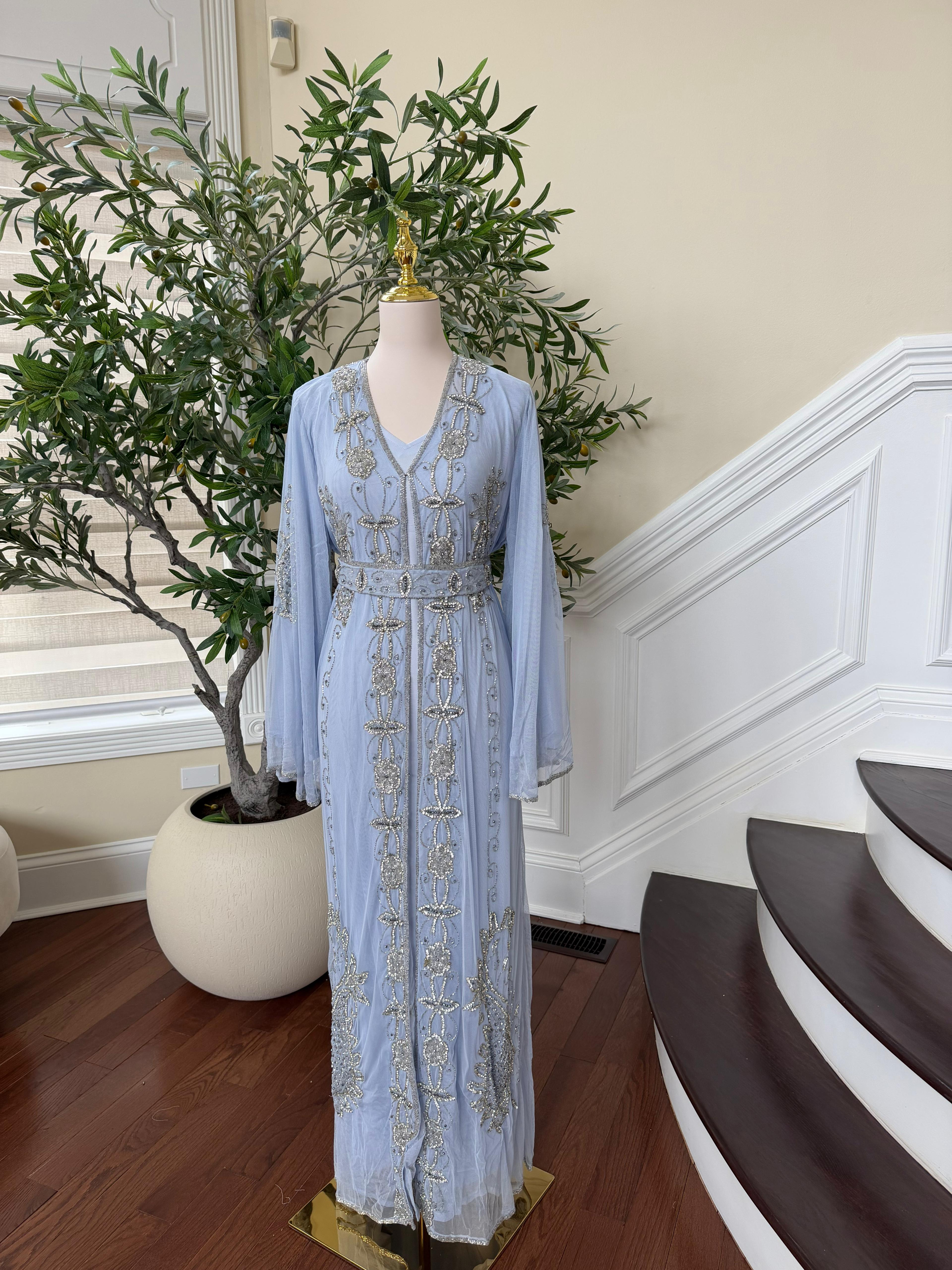 Baby Blue Silver Stone Beaded Abaya