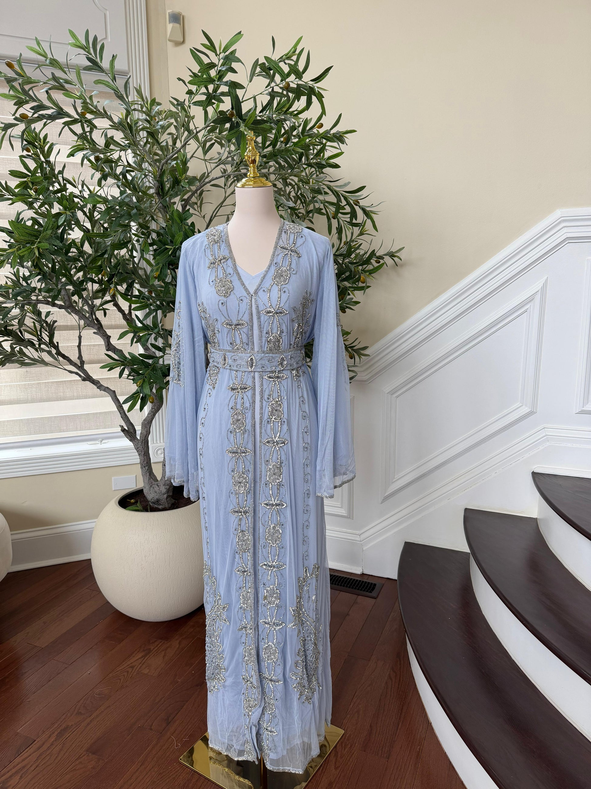 Baby Blue Silver Stone Beaded Abaya