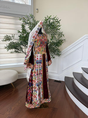 Velvet Maroon and White Traditional Tatreez Sabal Kharaz Detail Thobe