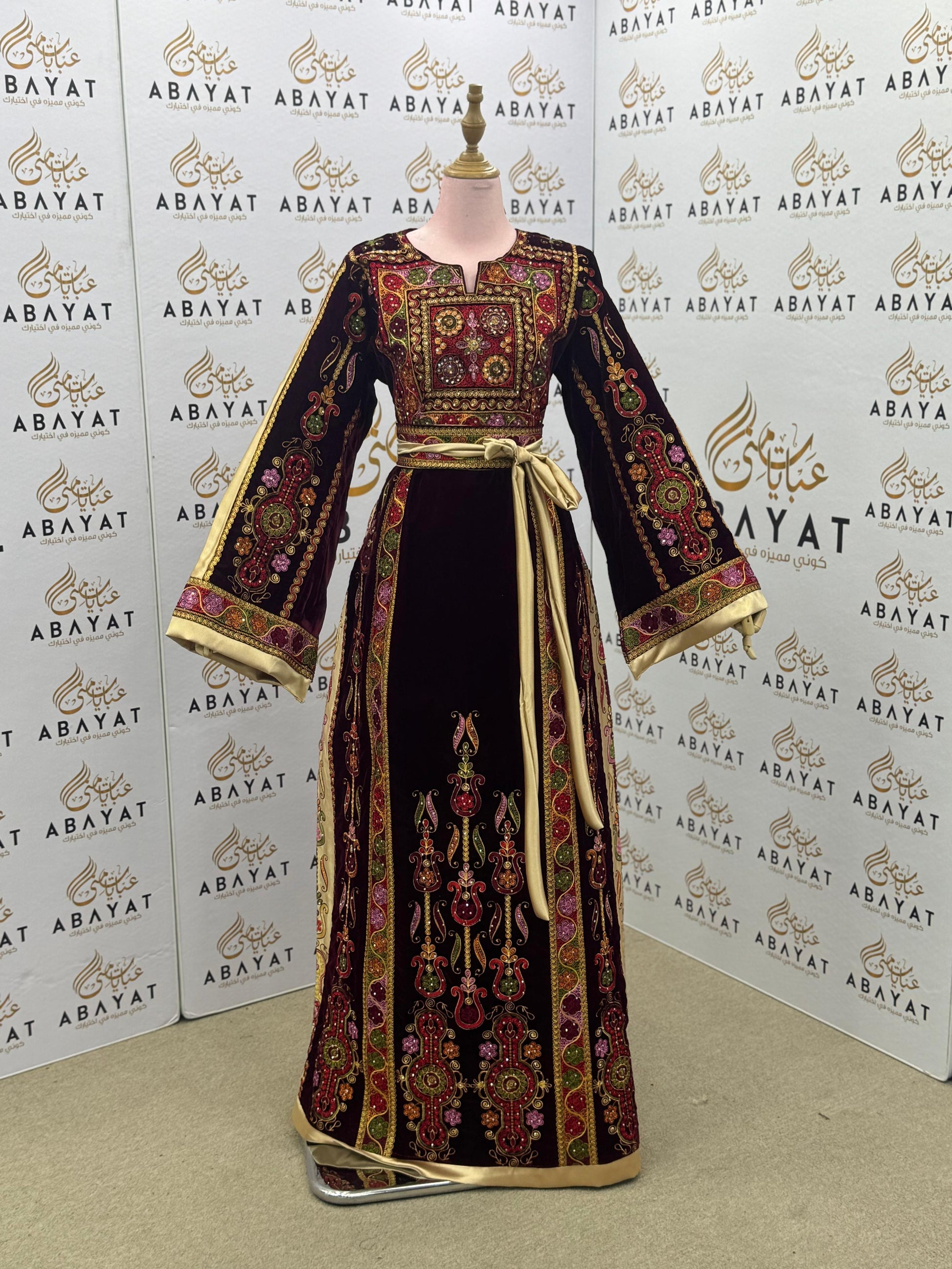 Velvet Burgundy Palestinian Thobe with Multicolor Embroidery and Golden Belt