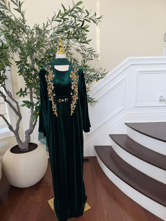 Golden Green Velvet Crystal Two Piece Abaya