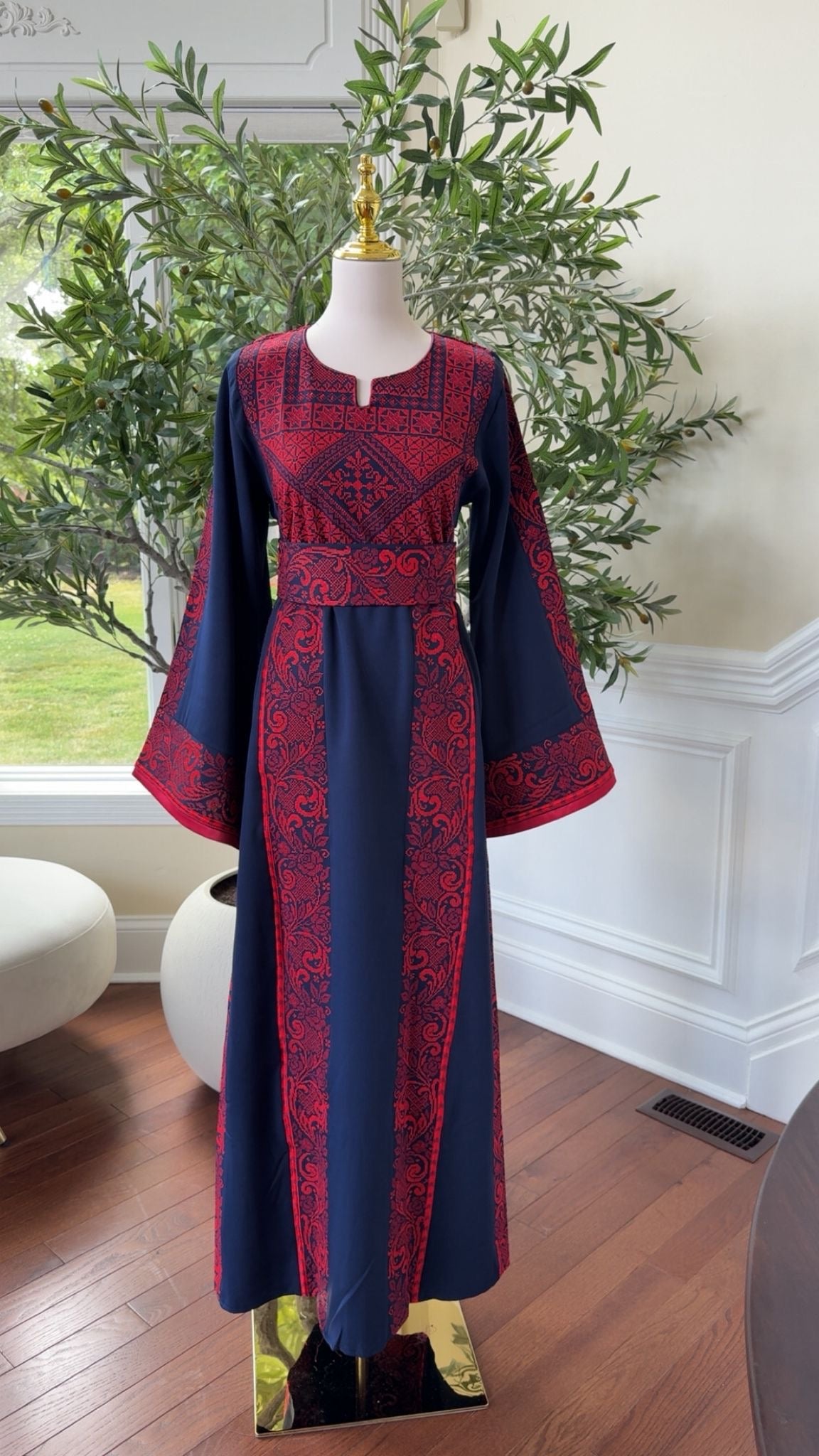 Navy Elegance with Traditional Red Embroidery Thobe